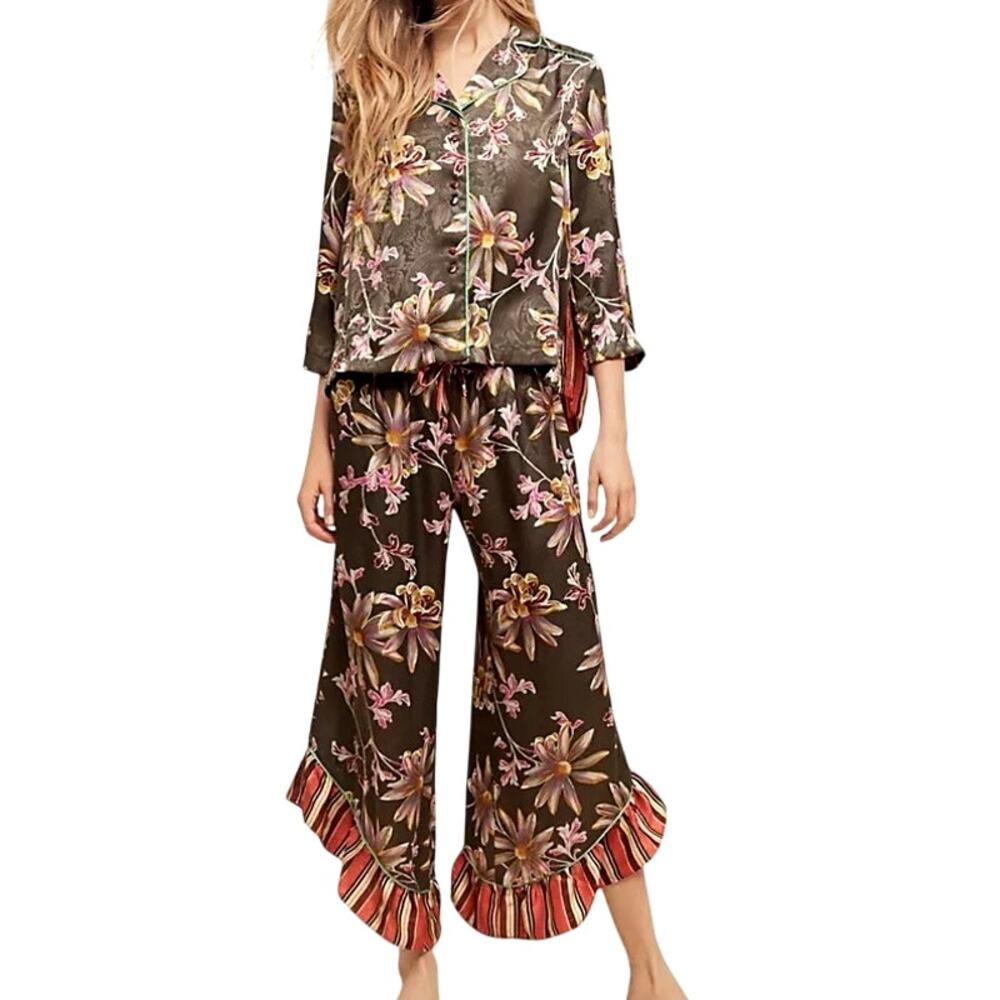 E by Eloise (XS) Stripe & Petal Floral Pajama Set Asymmetrical Ruffle Hem